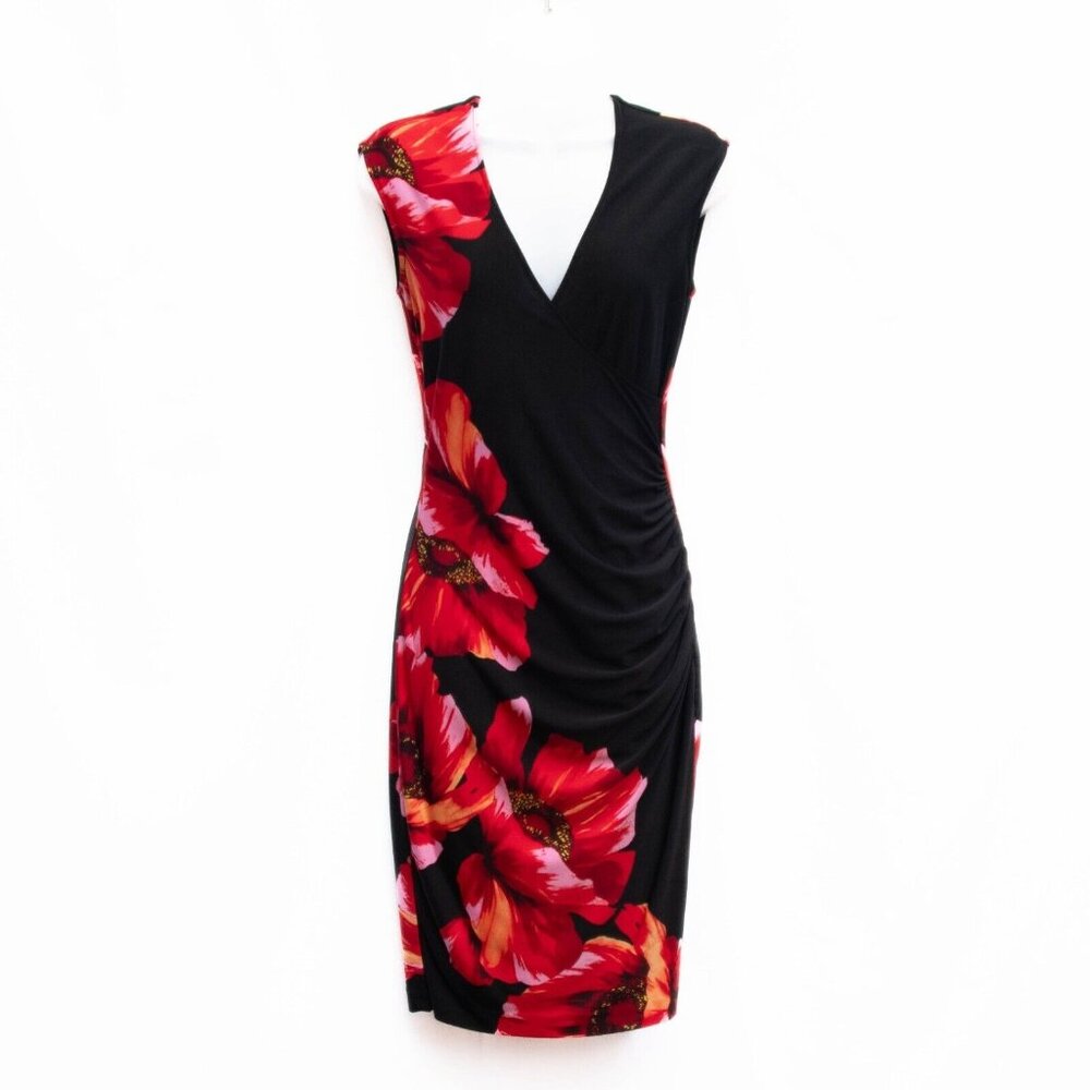 Vtg Cache Dress XS Stretch Black Draped Faux Wrap w Large Poppies Floral Print